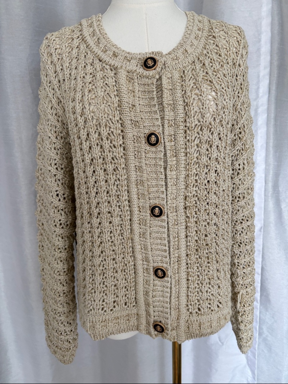 Cream and Sparkly gold Open-Knit Button Front Women’s Sweater Cardigan